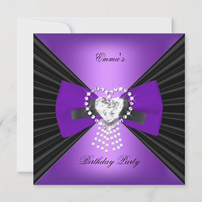 Birthday Party Zebra Elegant Black Purple Bow Invitation (Front)