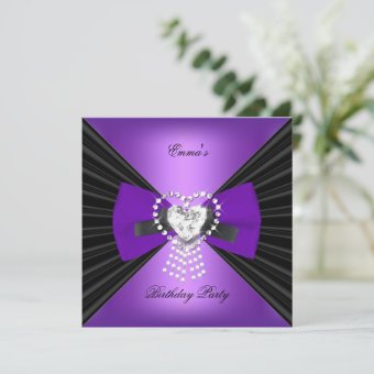 Birthday Party Zebra Elegant Black Purple Bow Invitation | Zazzle