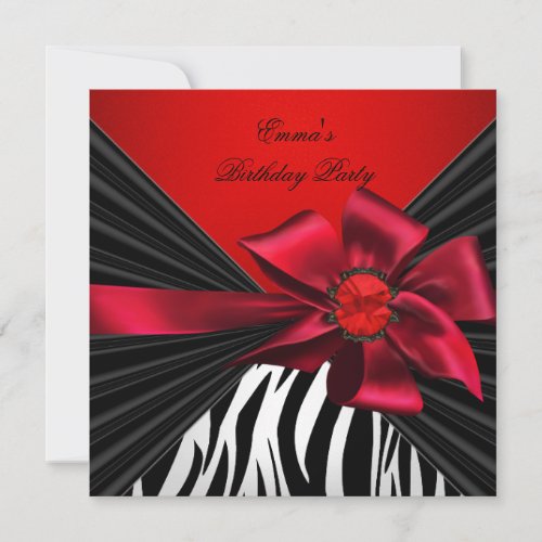 Birthday Party Zebra Elegant Red Black Bow Invitations