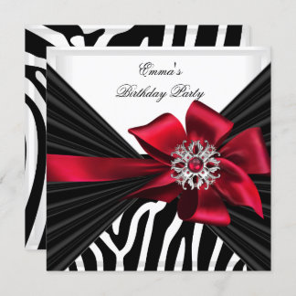 Birthday Party Zebra Elegant Red Black White Invitation