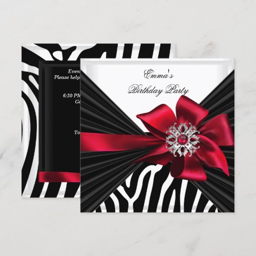 Birthday Party Zebra Elegant Red Black White Custom Invites