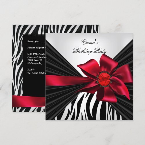 Birthday Party Zebra Elegant Red Black White Custom Announcements