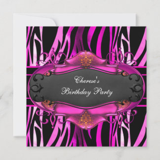 Birthday Party Zebra Hot Pink Animal Prints Black Invitation