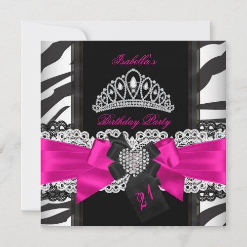 Birthday Party Zebra Hot Pink Princess Black 5 Invitation