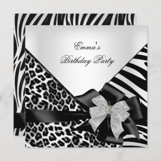 Birthday Party Zebra Leopard Elegant Black white Invitation