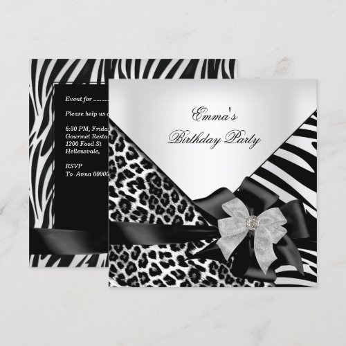 Birthday Party Zebra Leopard Elegant Black white Personalized Invite