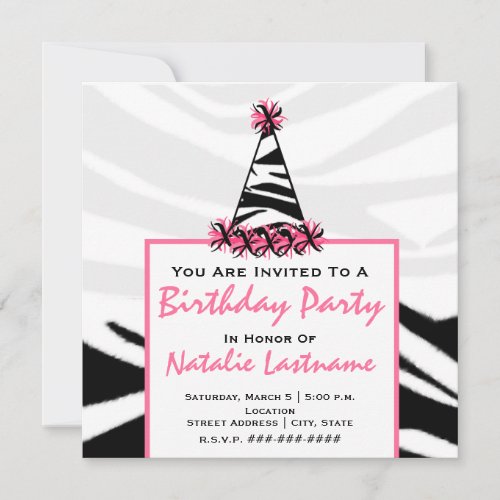 Birthday Party - Zebra Print &amp; Pink Party Hat Invite