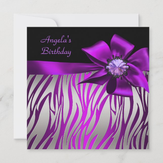 Birthday Party Zebra Silver Purple Magenta Black Invitation (Front)