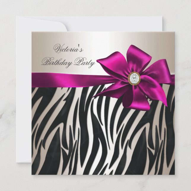 Birthday Party Zebra White Cream Black Pink Invitation (Front)
