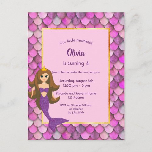 Birthday partynMermaid princess pink purple Postcard