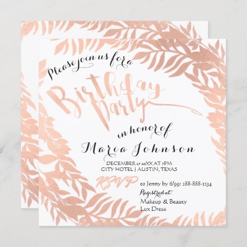 Birthday PartyTropical Leafs Glitter Rose Gold Invitation