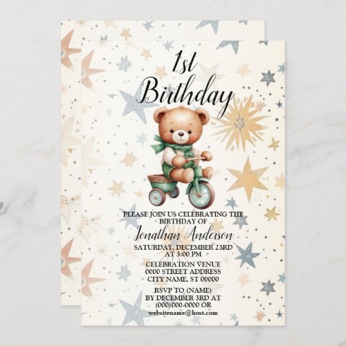 Birthday PartyWatercolor Teddy Bear Green Bike Invitation