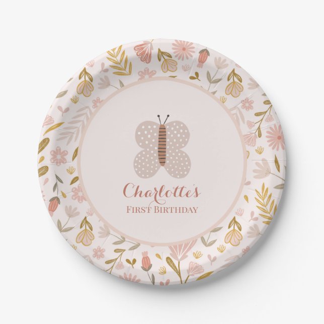 Birthday Pastel Pink Wildflowers with Butterfly  Paper Plates (Front)