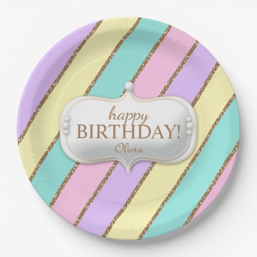 Birthday Pastel Stripes Unicorn Birthday Rainbow Paper Plates