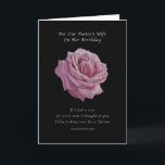 Birthday, Pastor’s Wife, Pink Rose on Black Card<br><div class="desc">This lovely fully open pink rose on a black background makes a nice birthday card. The card is designed for a pastor's wife and has a religious verse inside. An old and sentimental Swedish proverb completes the cover image: If I had a rose for every time I thought of you,...</div>