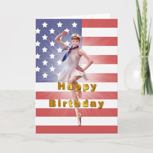 Birthday, Patriotic Ballerina and USA Flag Card (Front)