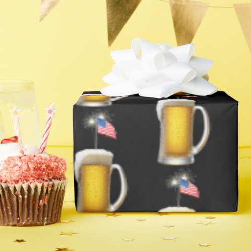 Birthday Patriotic Beer with Flag and Sparklers Wrapping Paper
