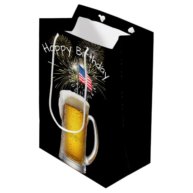Birthday Patriotic Beer with Sparklers Medium Gift Bag (Front Angled)