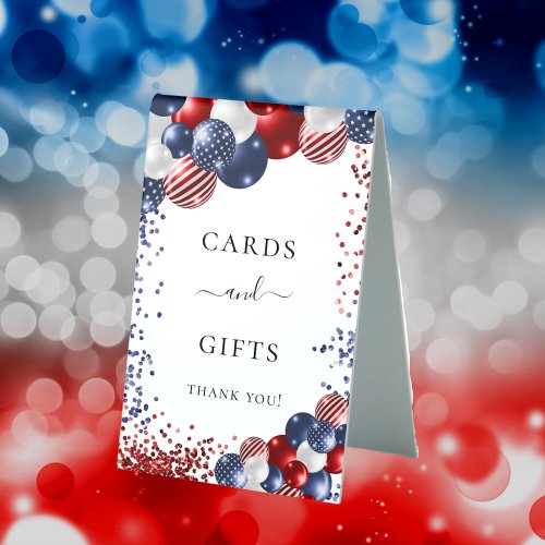 Birthday patriotic red white blue balloons cards  table tent sign