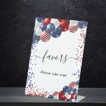 Birthday patriotic red white blue balloons favors pedestal sign<br><div class="desc">A party favor sign.  Decorated with patriotic colored  balloons in red blue and white,  blue and red sparkles.The text: favors,  please take one!</div>