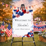 Birthday patriotic red white blue balloons welcome foam board<br><div class="desc">A welcome board for a girly and glamorous 21st (or any age) birthday party.  Decorated with patriotic colored  balloons in red blue and white,  blue and red sparkles. Personalize and add a name and age 21.  
Back: no design</div>