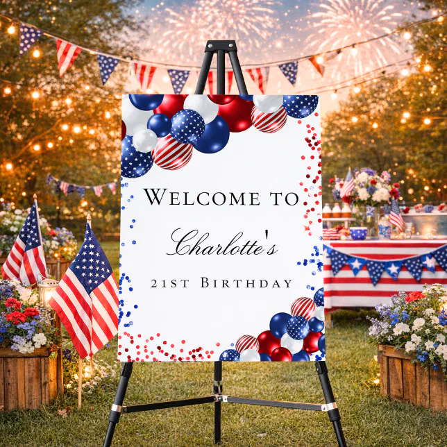 Birthday patriotic red white blue balloons welcome foam board | Zazzle