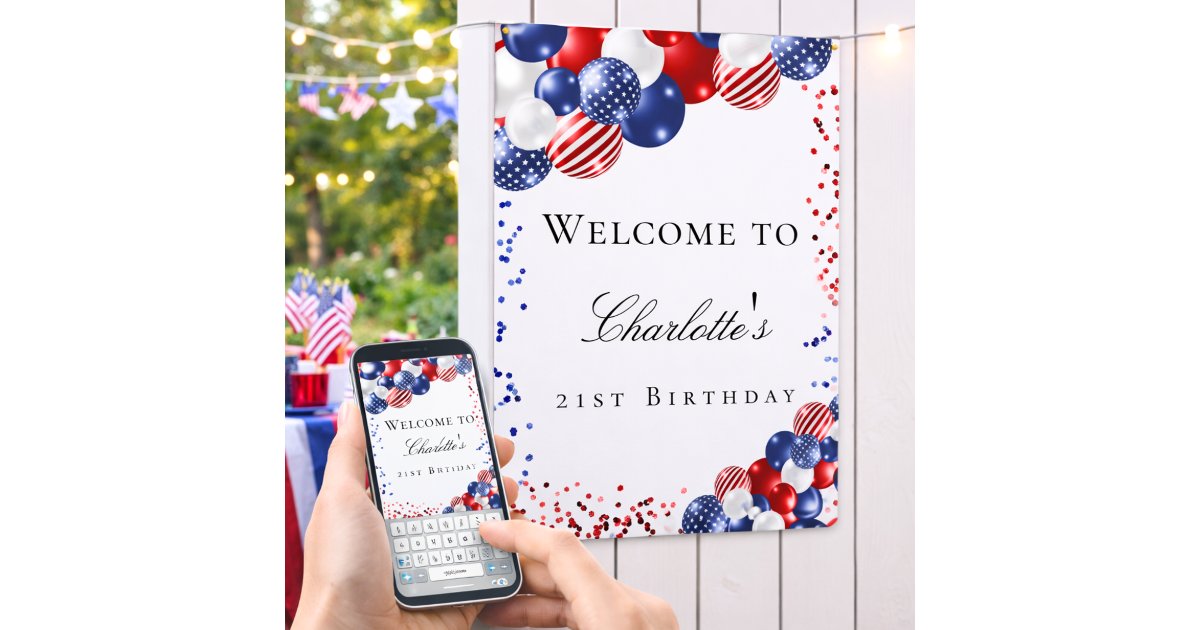 Birthday patriotic red white blue balloons welcome poster | Zazzle