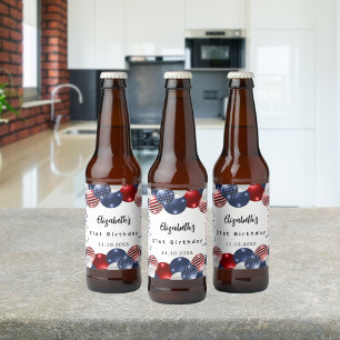 Birthday patriotic USA red white blue flag Beer Bottle Label