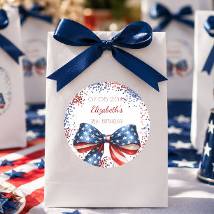 Birthday patriotic USA red white blue flag bow Classic Round Sticker