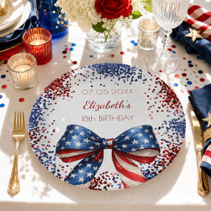 Birthday patriotic USA red white blue flag bow Paper Plates