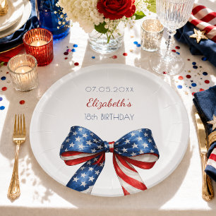 Birthday patriotic USA red white blue flag bow Paper Plates