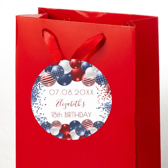 Birthday patriotic USA red white blue flag Classic Round Sticker (Creator Uploaded)