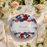 Birthday patriotic USA red white blue flag Paper Plates<br><div class="desc">For a 50th (or any age) birthday party. White background. Decorated with patriotic colored  balloons in red blue and white. Blue and red sparkles. Personalize and add a date,  name and age.</div>
