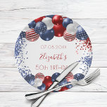 Birthday patriotic USA red white blue flag Paper Plates<br><div class="desc">For a 50th (or any age) birthday party. White background. Decorated with patriotic colored  balloons in red blue and white. Blue and red sparkles. Personalize and add a date,  name and age.</div>