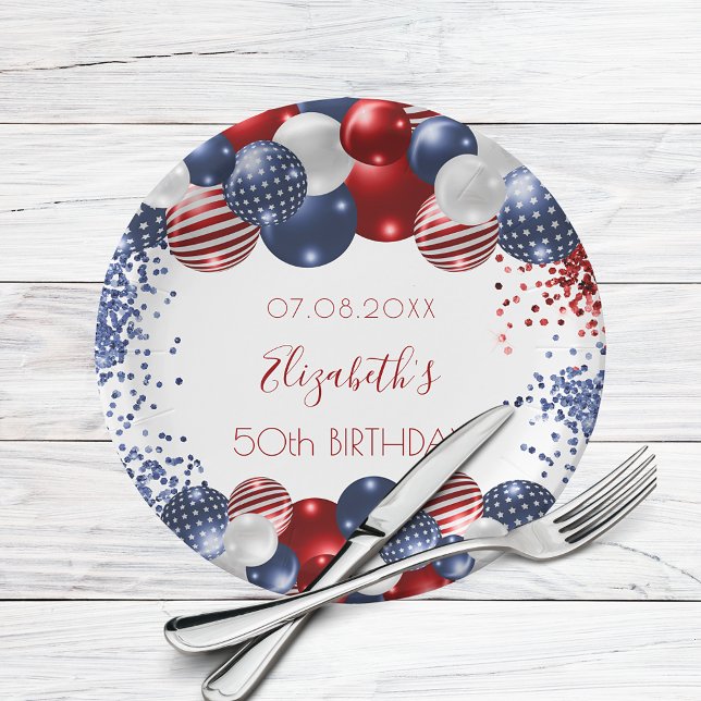 Birthday patriotic USA red white blue flag Paper Plates (Creator Uploaded)