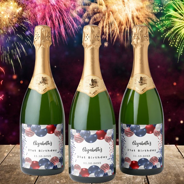 Birthday patriotic USA red white blue flag Sparkling Wine Label (Creator Uploaded)