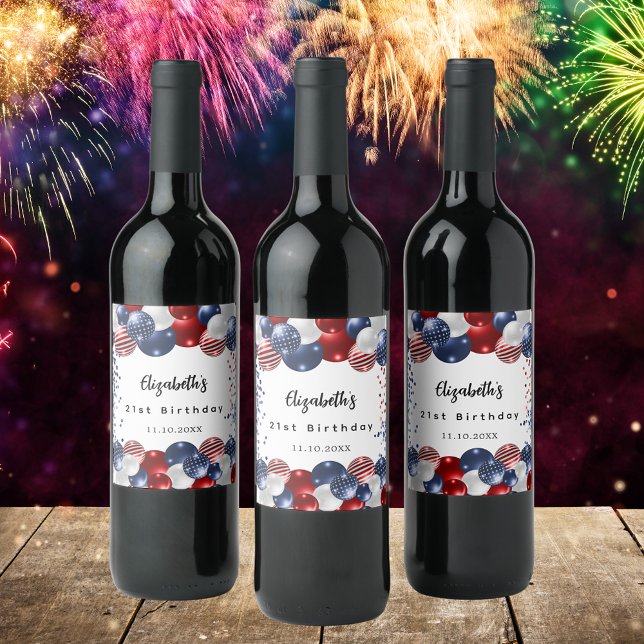 Birthday patriotic USA red white blue flag Wine Label (Creator Uploaded)