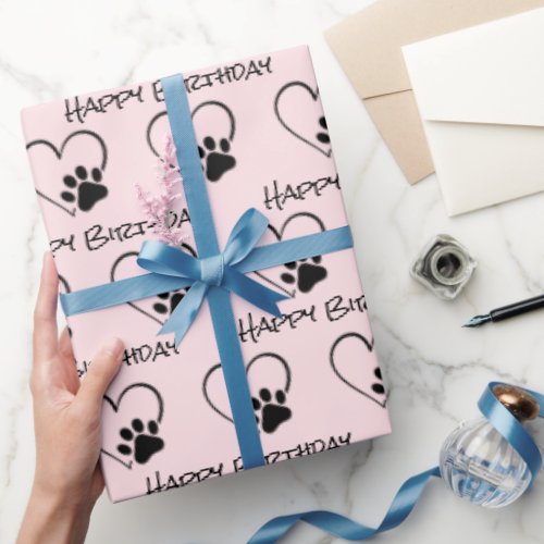 Birthday Paw Print with Heart on Pink Wrapping Paper