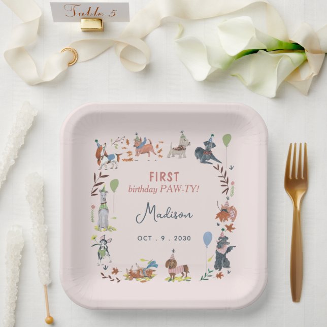 Birthday Paw-ty cute puppy dogs Paper Plates (Wedding)