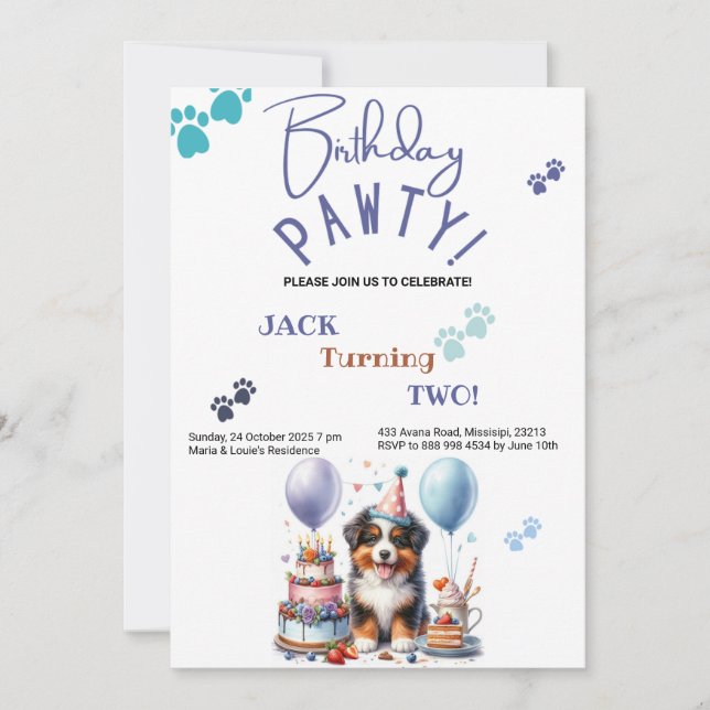 Birthday Pawty Australian Shepherd Dog Birthday Invitation (Front)