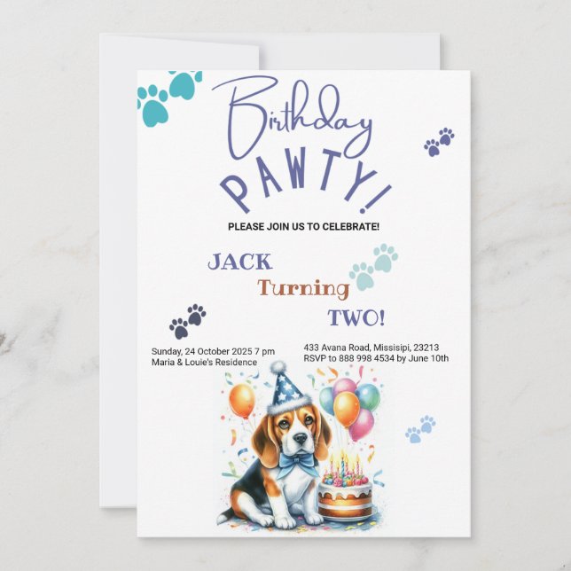 Birthday Pawty Beagle Dog Personalized Birthday Invitation (Front)