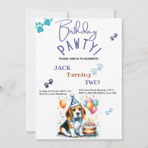 Birthday Pawty Beagle Dog Personalized Birthday Invitation