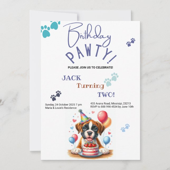 Birthday Pawty Boxer Dog Personalized Birthday Invitation (Front)