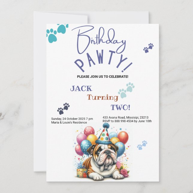 Birthday Pawty Bulldog Dog Personalized Birthday Invitation (Front)