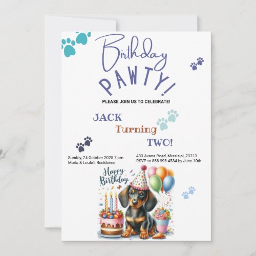 Birthday Pawty Dachshund Dog Personalized Birthday Invitation