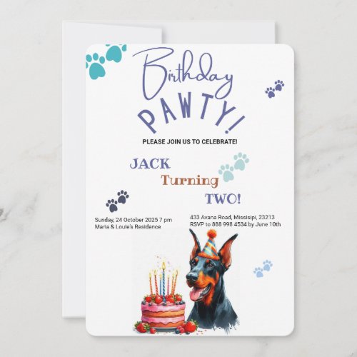 Birthday Pawty Doberman Pincher Dog Birthday Invitation