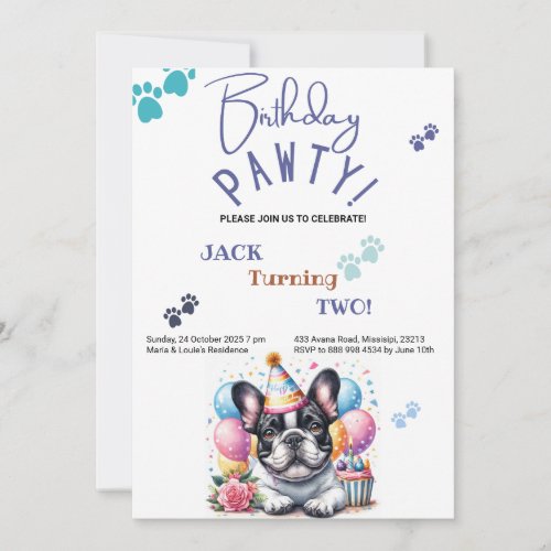 Birthday Pawty French Bulldog Dog Birthday Invitation