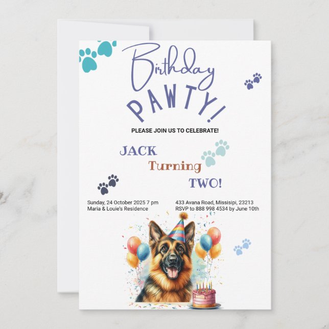 Birthday Pawty German Shepherd Dog Birthday Invitation (Front)