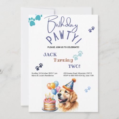 Birthday Pawty Golden Retriever Dog Birthday Invitation