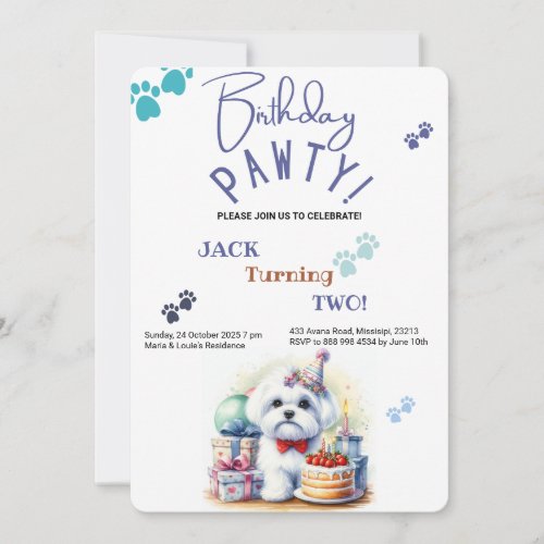 Birthday Pawty Maltese Dog Personalized Birthday Invitation